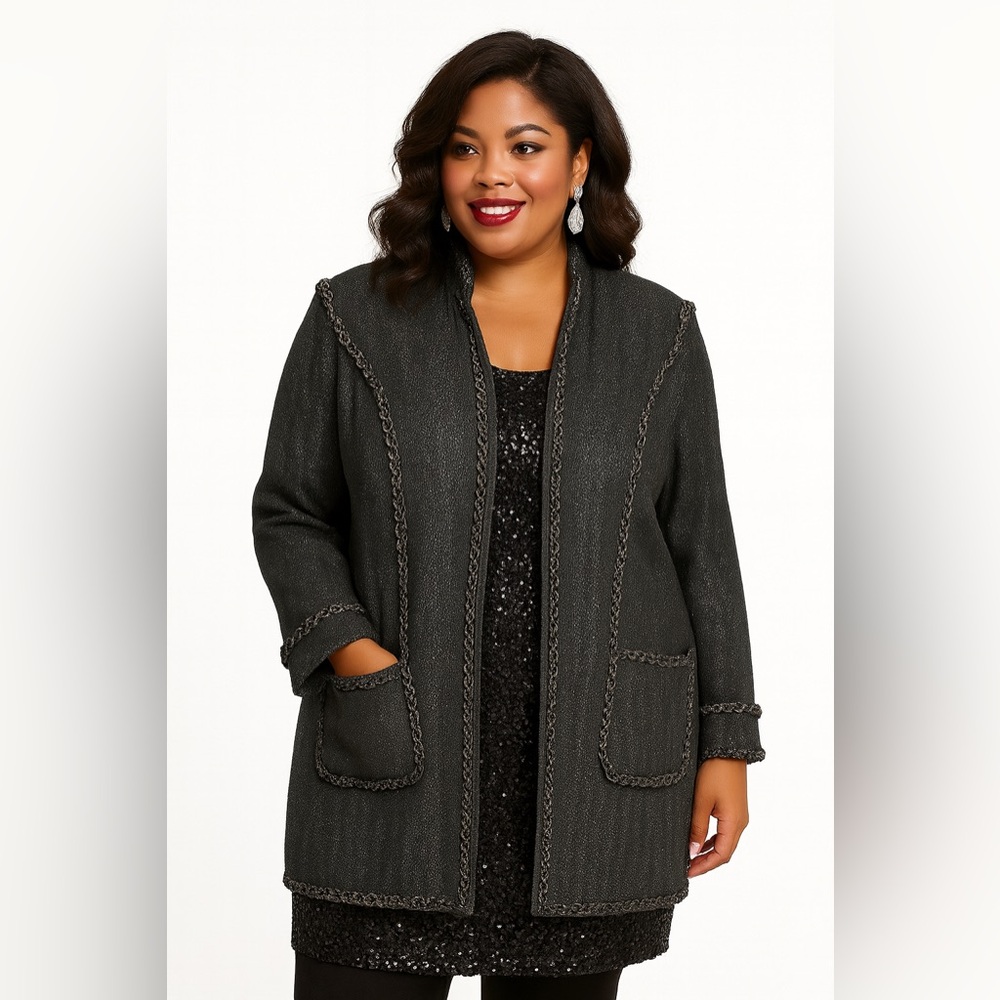 Liorah Women's Black Wool Blend Open‎ Front Jacket Coat 18 Ribbon Trim Pockets